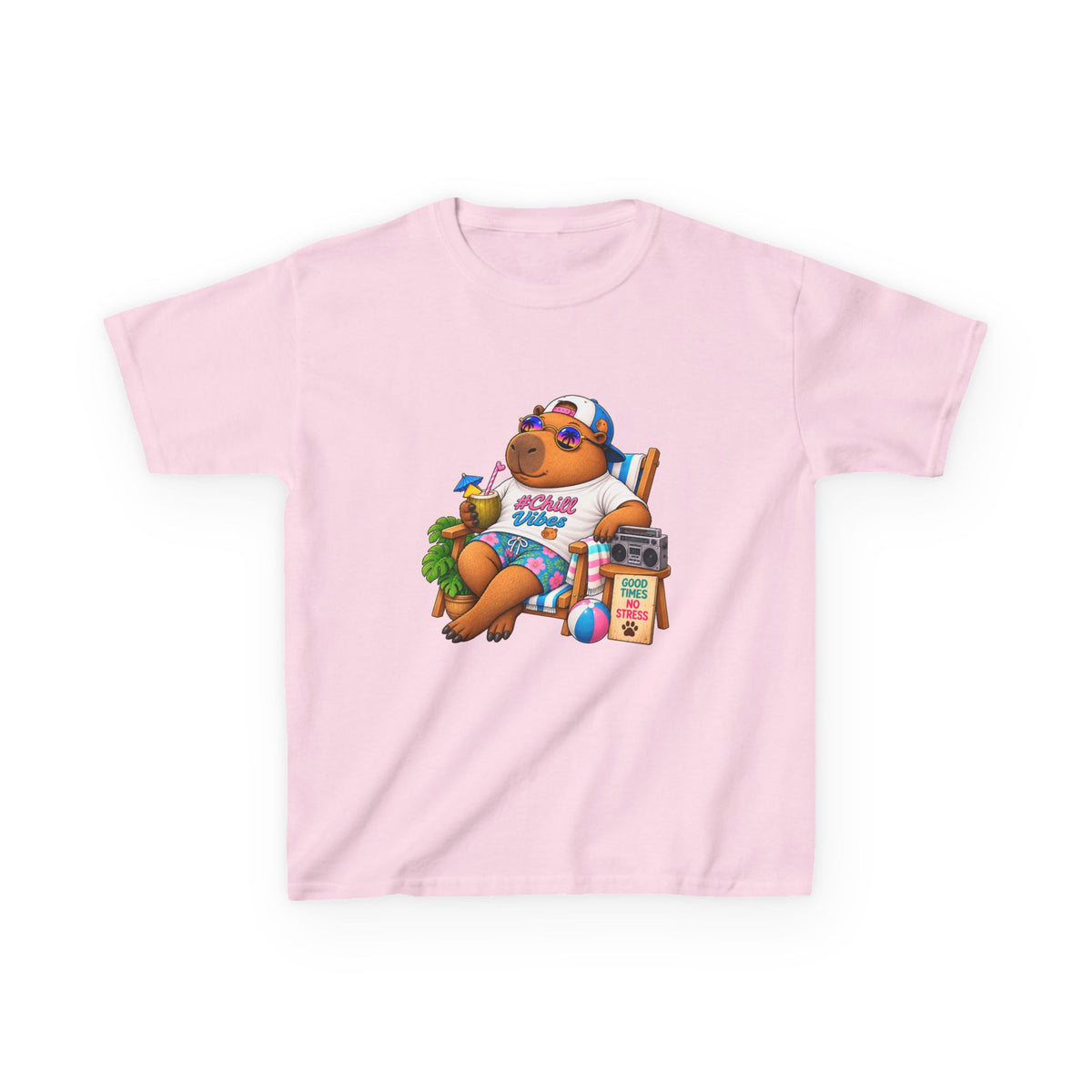Kids Beach Chill Vibes Capybara Graphic Tee — Relaxing Vacation Cartoon Kid Shirt