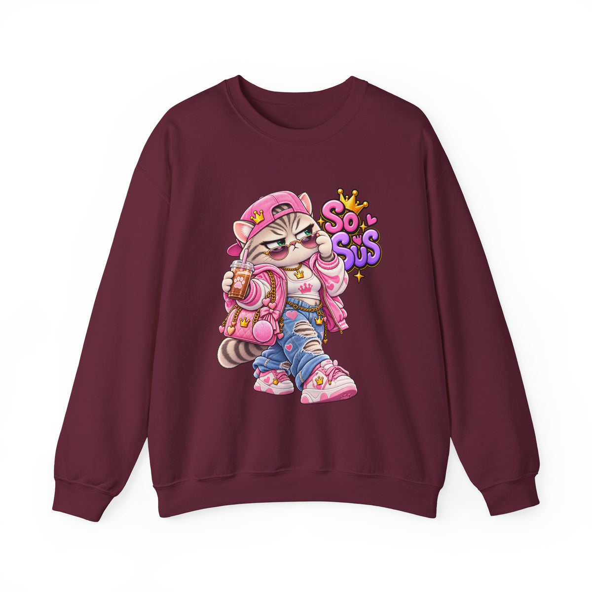 Cute Streetwear Cat Crewneck Sweatshirt — "So Sus" Graphic