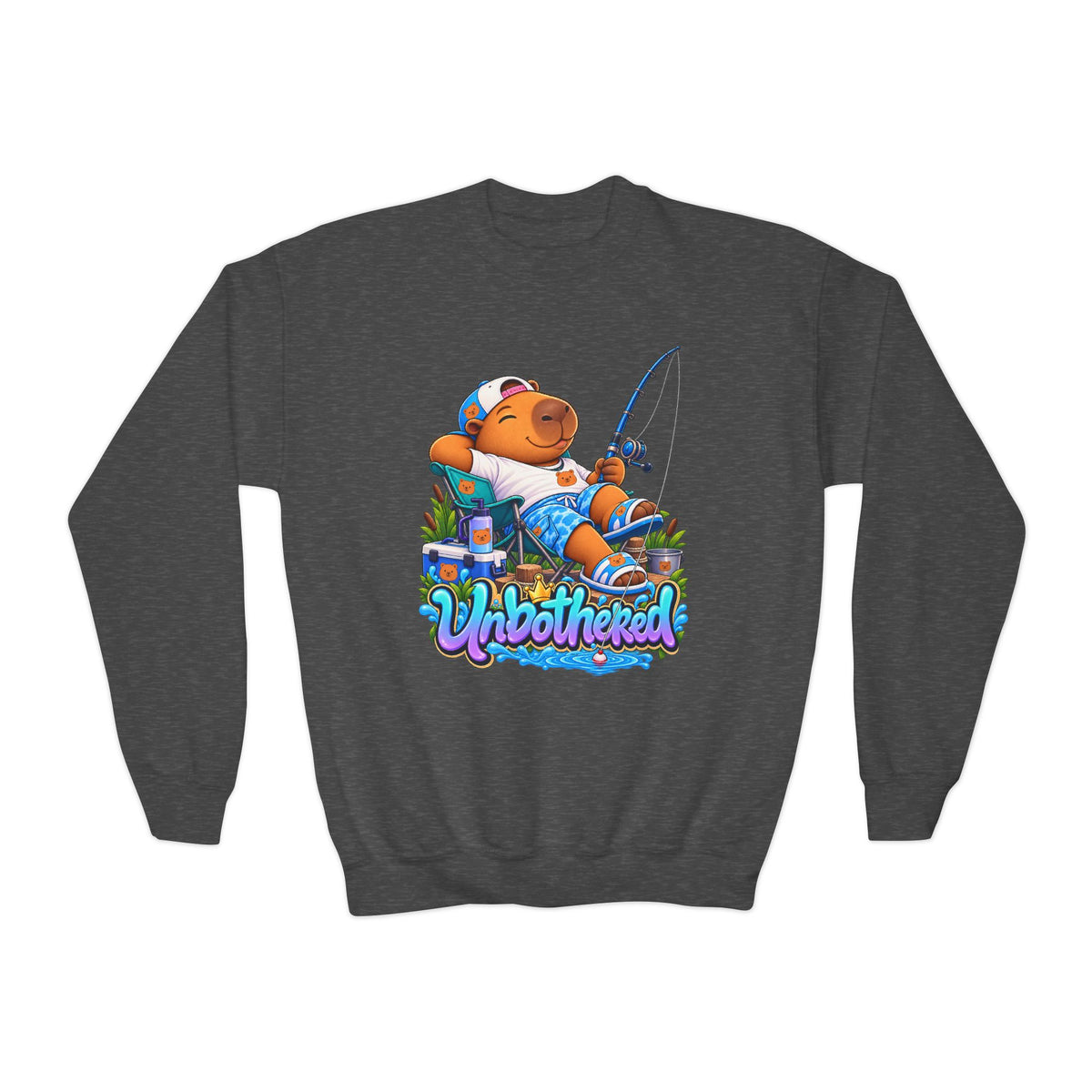 Youth Unbothered Fishing Capybara Crewneck Sweatshirt — "Whoothered" Cute Kids Fishing Graphic