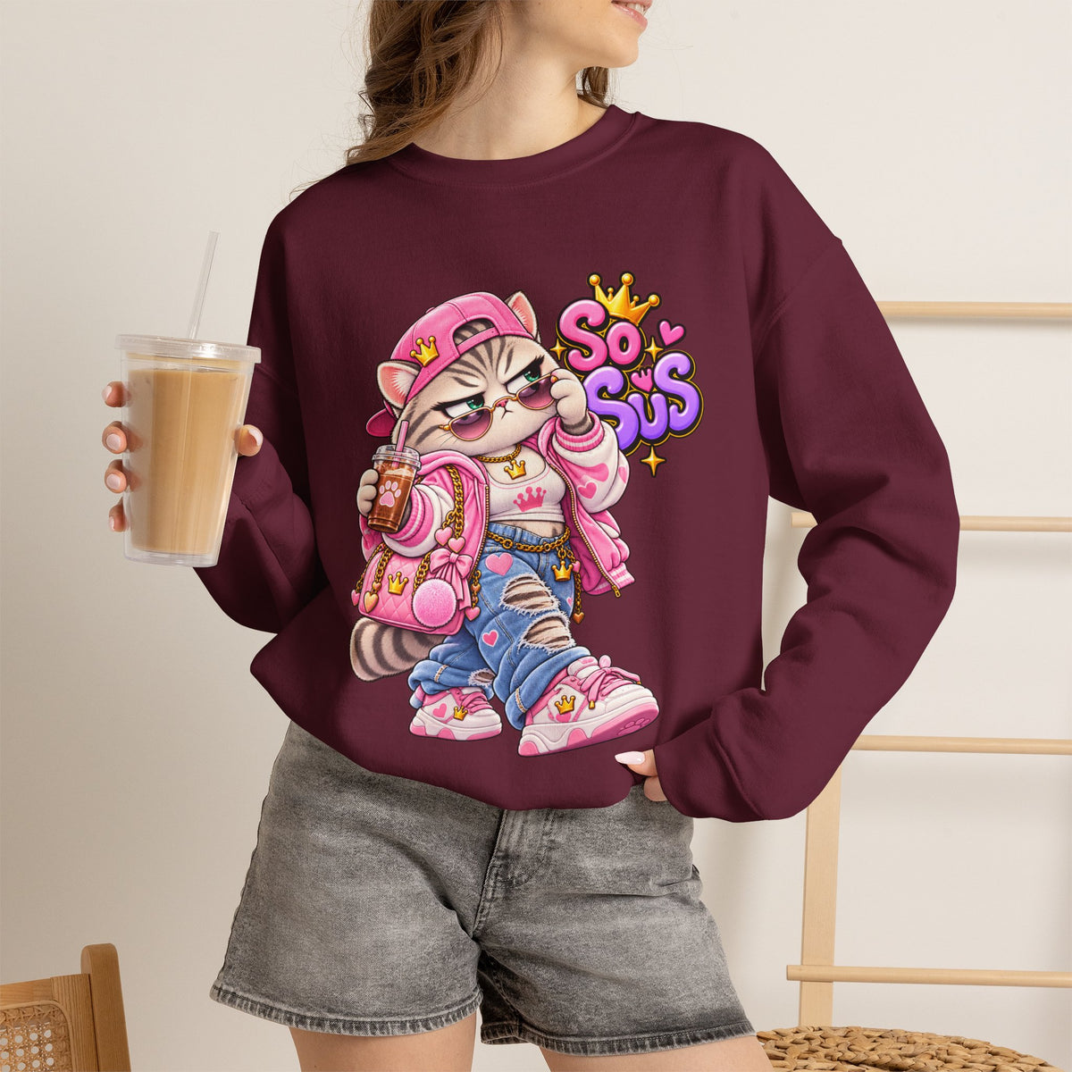Cute Streetwear Cat Crewneck Sweatshirt — "So Sus" Graphic