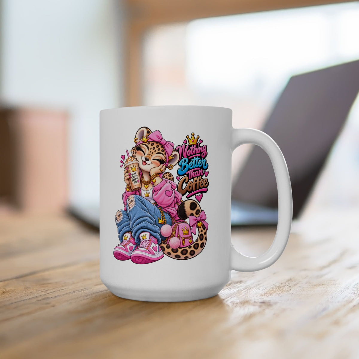 Cute Leopard Coffee Mug — Colorful Retro Girl Illustration (11oz/15oz)