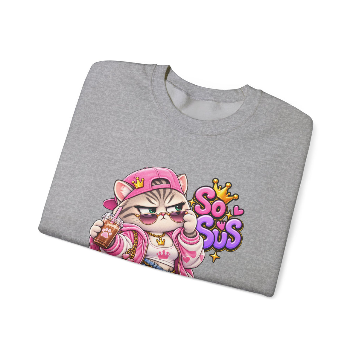 Cute Streetwear Cat Crewneck Sweatshirt — "So Sus" Graphic