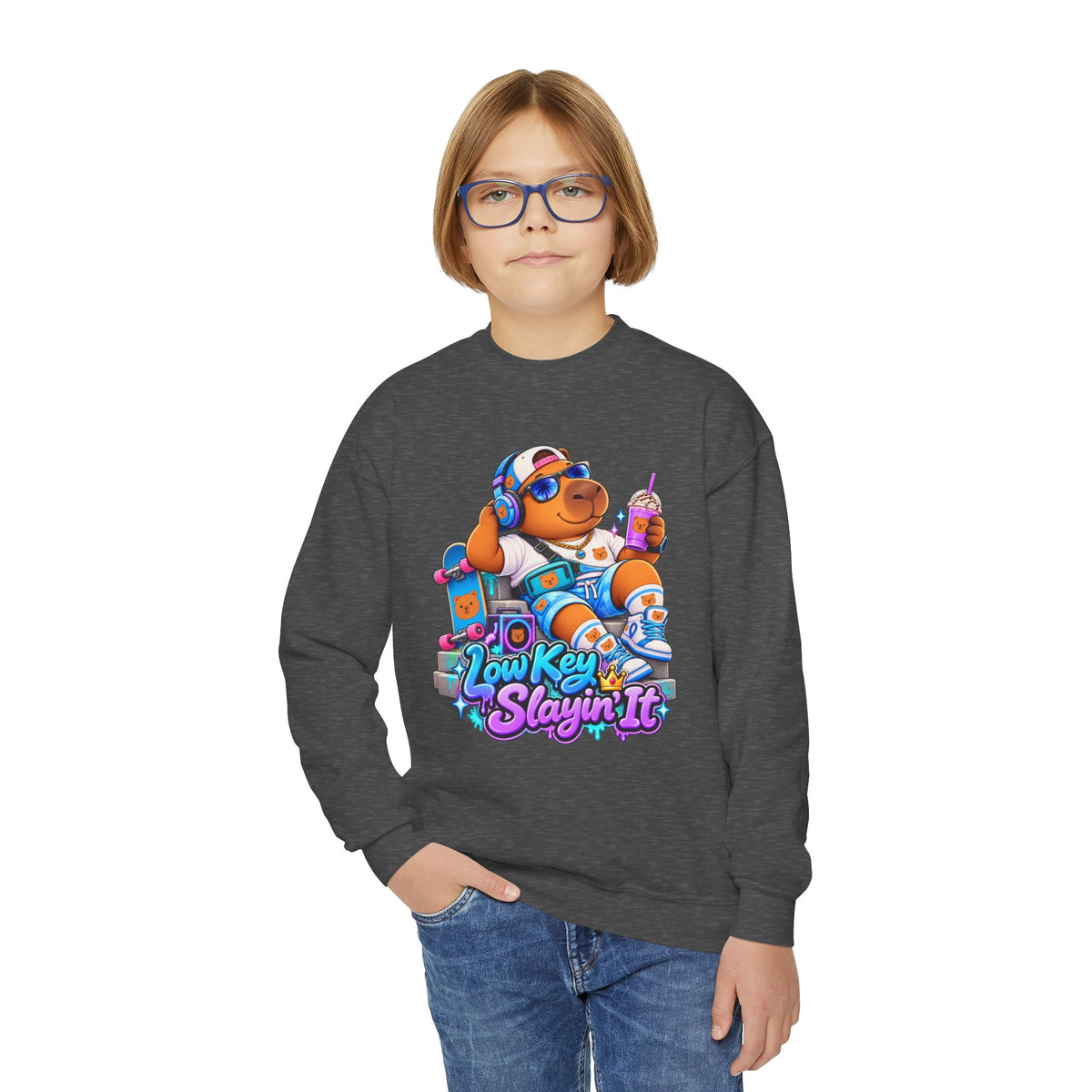 Youth Crewneck Sweatshirt — 'Low Key Slayin' It' Chill Capybara Lounge Pullover