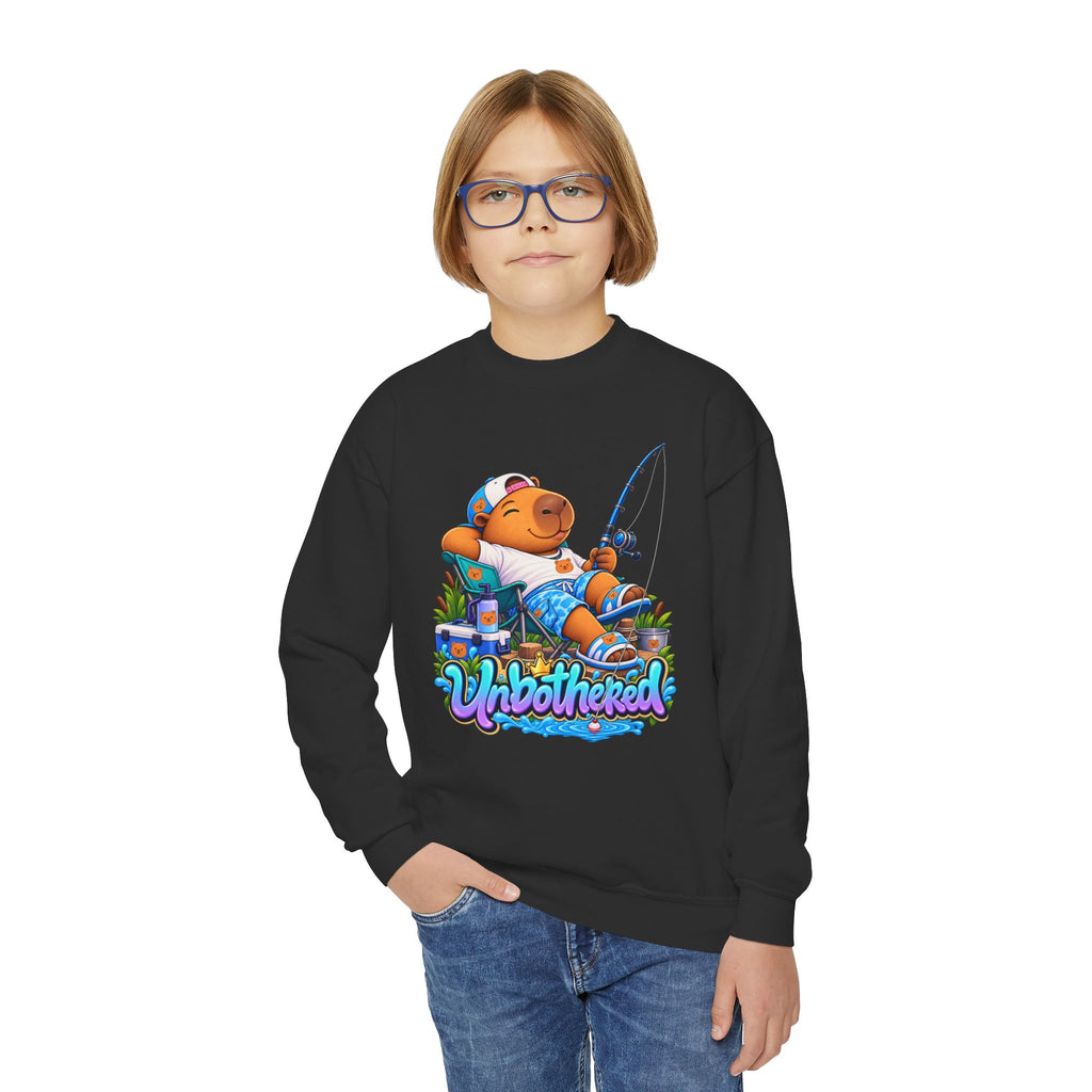 Youth Unbothered Fishing Capybara Crewneck Sweatshirt — "Whoothered" Cute Kids Fishing Graphic
