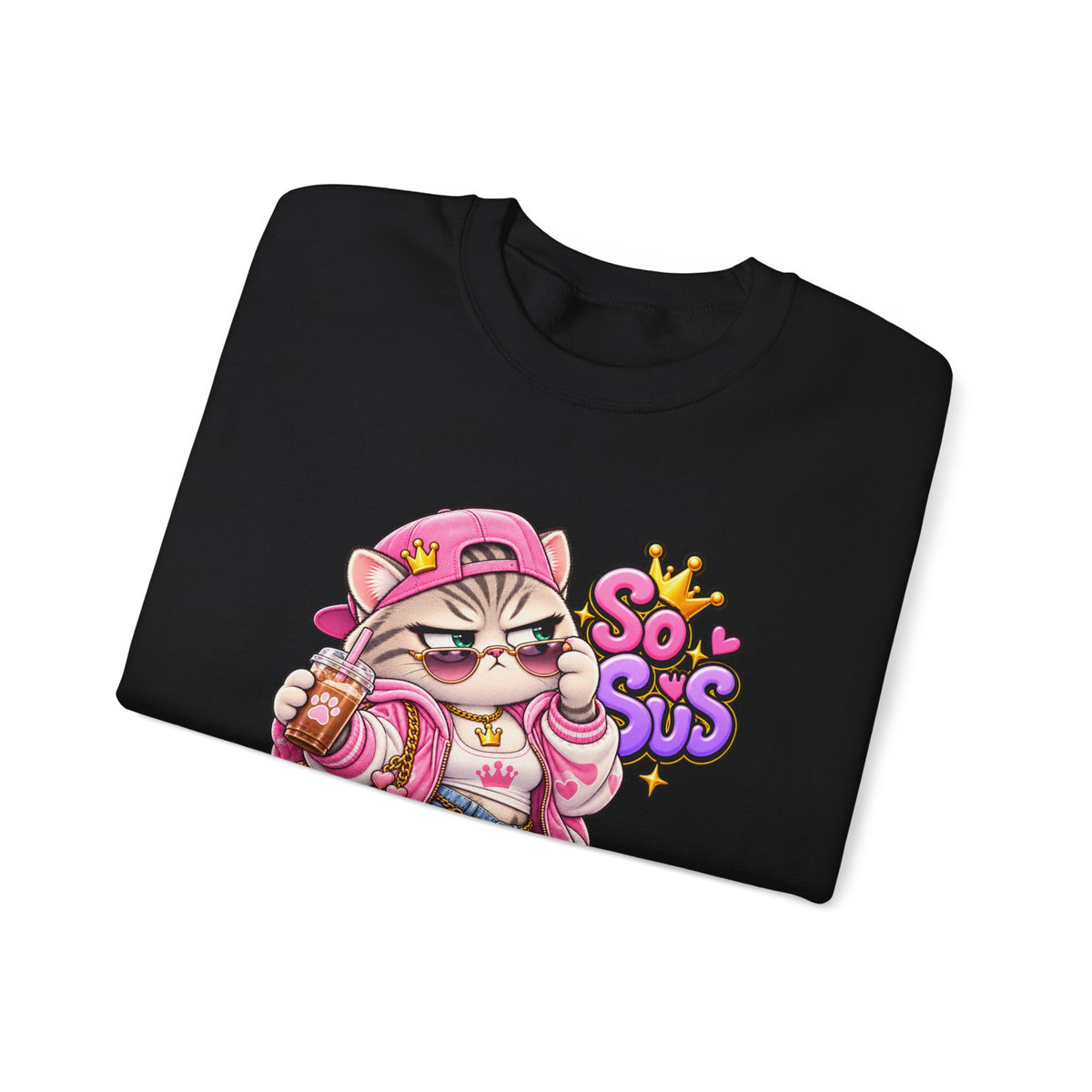 Cute Streetwear Cat Crewneck Sweatshirt — "So Sus" Graphic