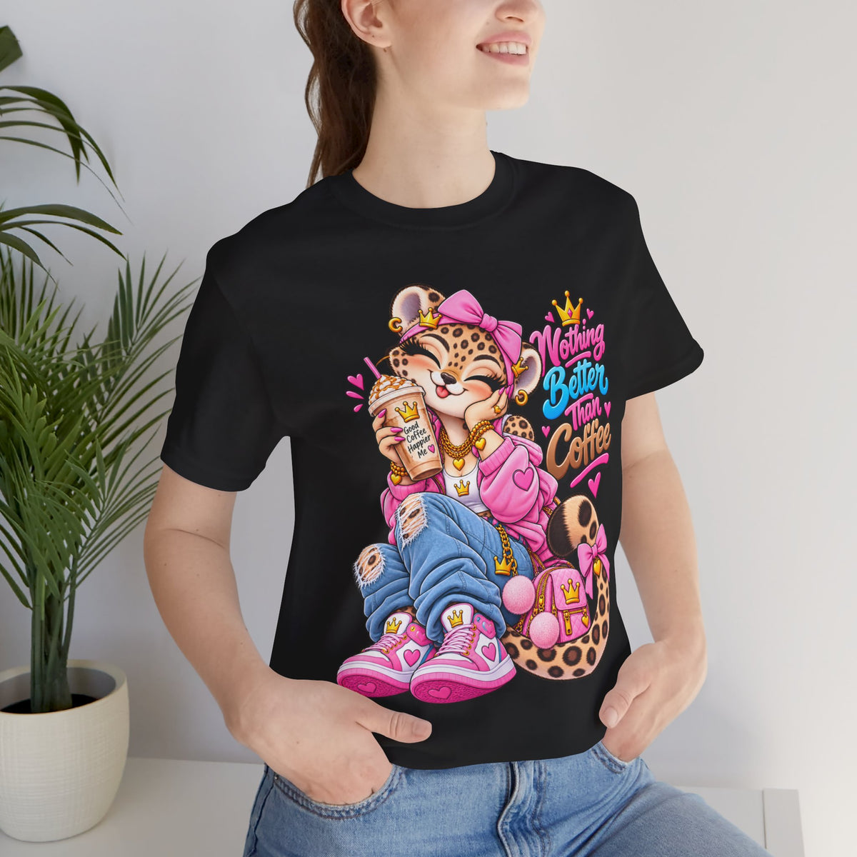 Cute Kawaii Leopard Graphic Tee — Retro Cartoon Chest Print