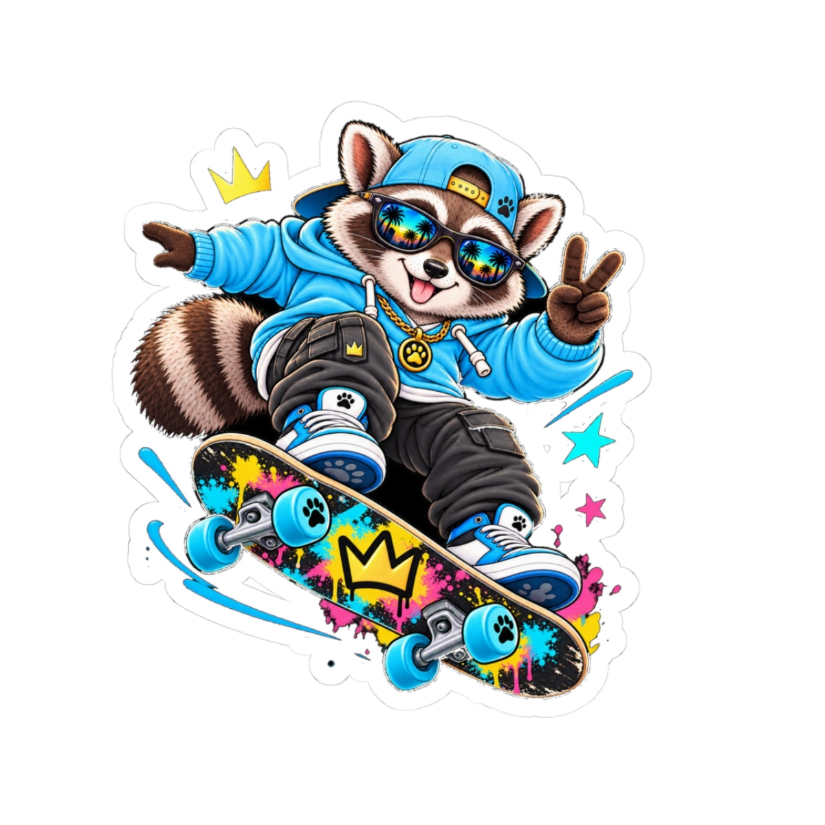 Skateboard Raccoon Kiss-Cut Sticker — Cool Cartoon Laptop Decal