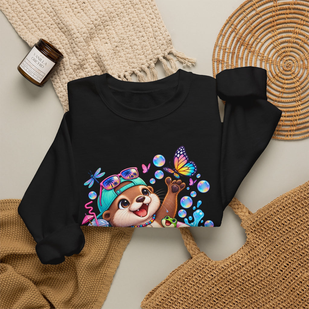 Otter Float Crewneck Sweatshirt — Cute Otter with Butterfly Summer Vibes