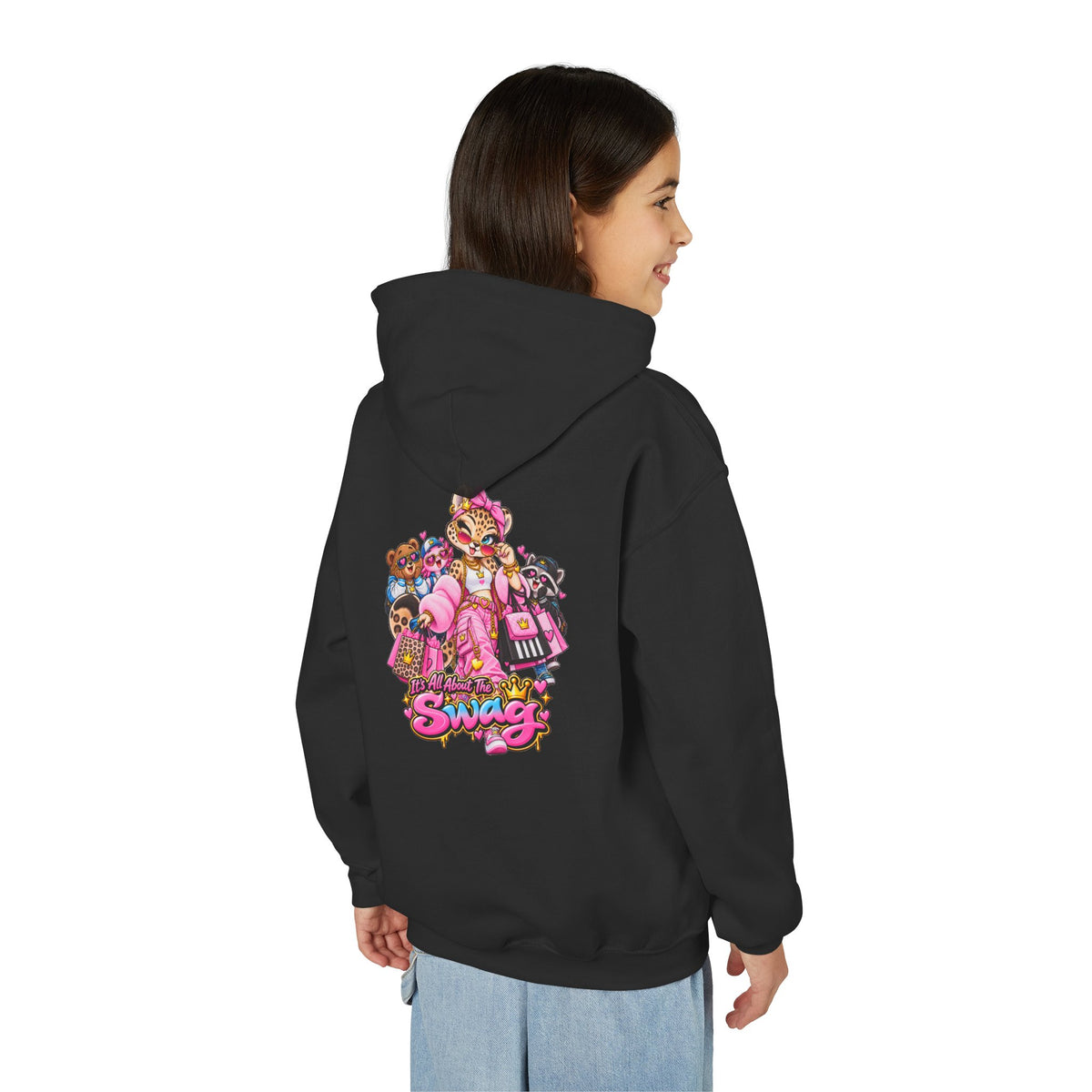 Youth Hoodie — Pink 'Swag' Cartoon Animal Squad Graphic