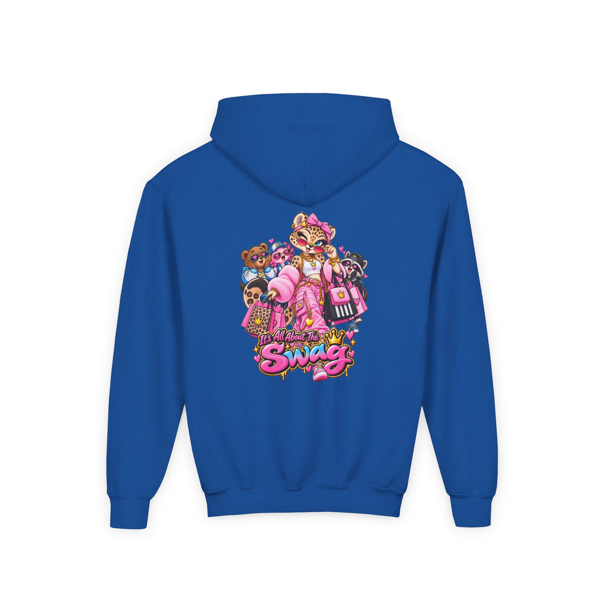 Youth Hoodie — Pink 'Swag' Cartoon Animal Squad Graphic