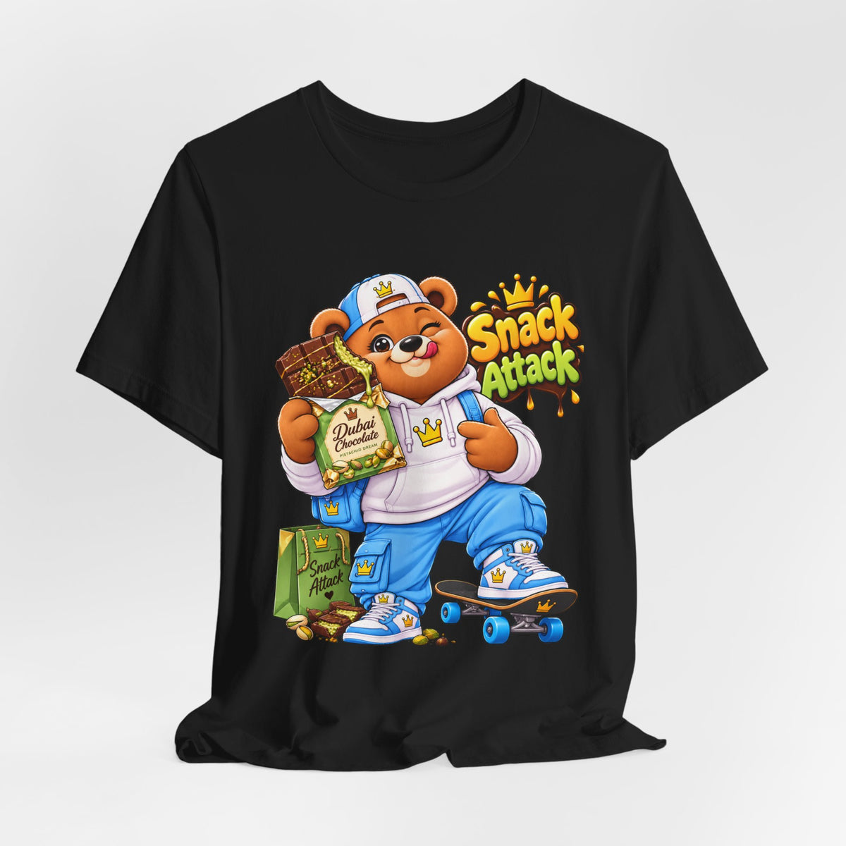 Snack Attack Bear T‑Shirt — Cute Foodie Bear Eating Snacks Graphic Tee