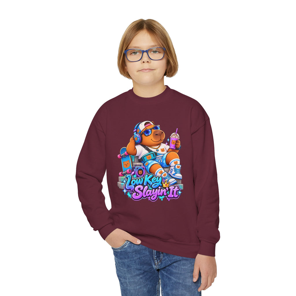 Youth Crewneck Sweatshirt — 'Low Key Slayin' It' Chill Capybara Lounge Pullover