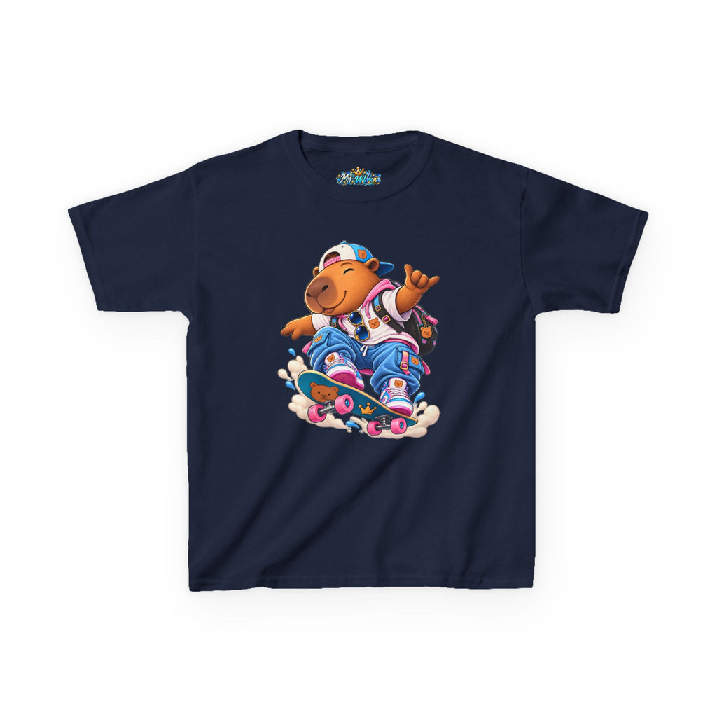 Kids Skateboarding Capybara Tee — Cute Skateboarder Graphic T-Shirt for Boys & Girls