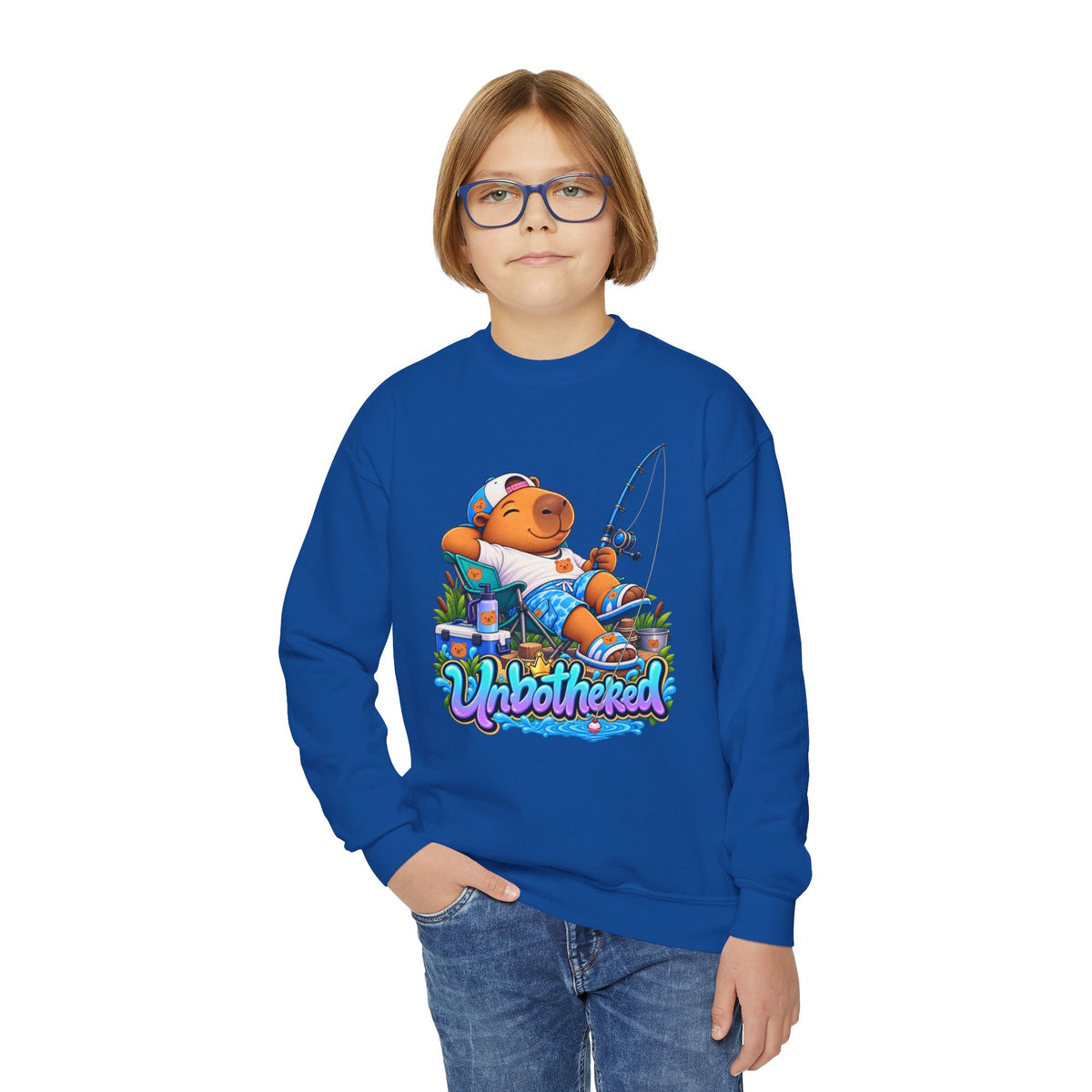 Youth Unbothered Fishing Capybara Crewneck Sweatshirt — "Whoothered" Cute Kids Fishing Graphic