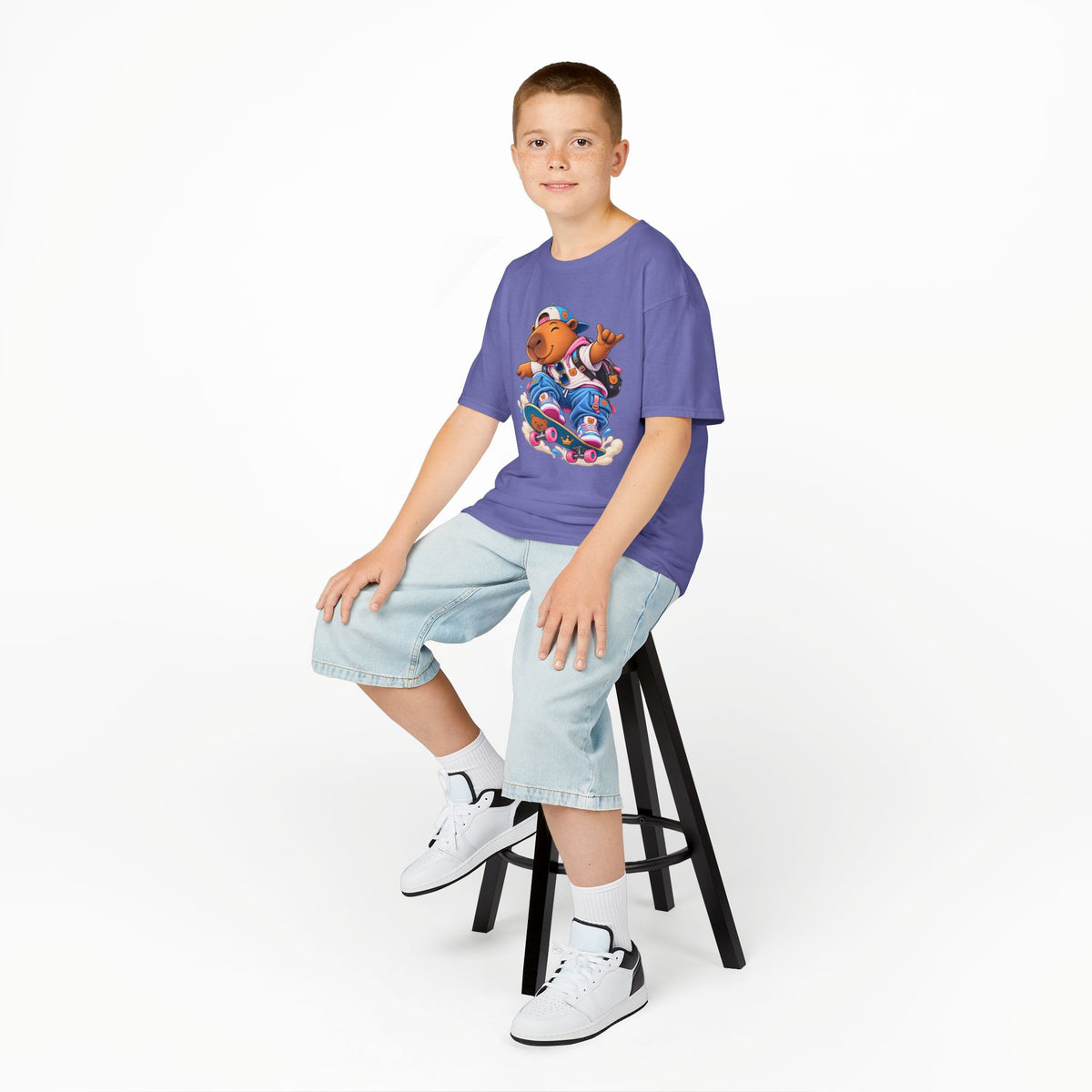 Kids Skateboarding Capybara Tee — Cute Skateboarder Graphic T-Shirt for Boys & Girls