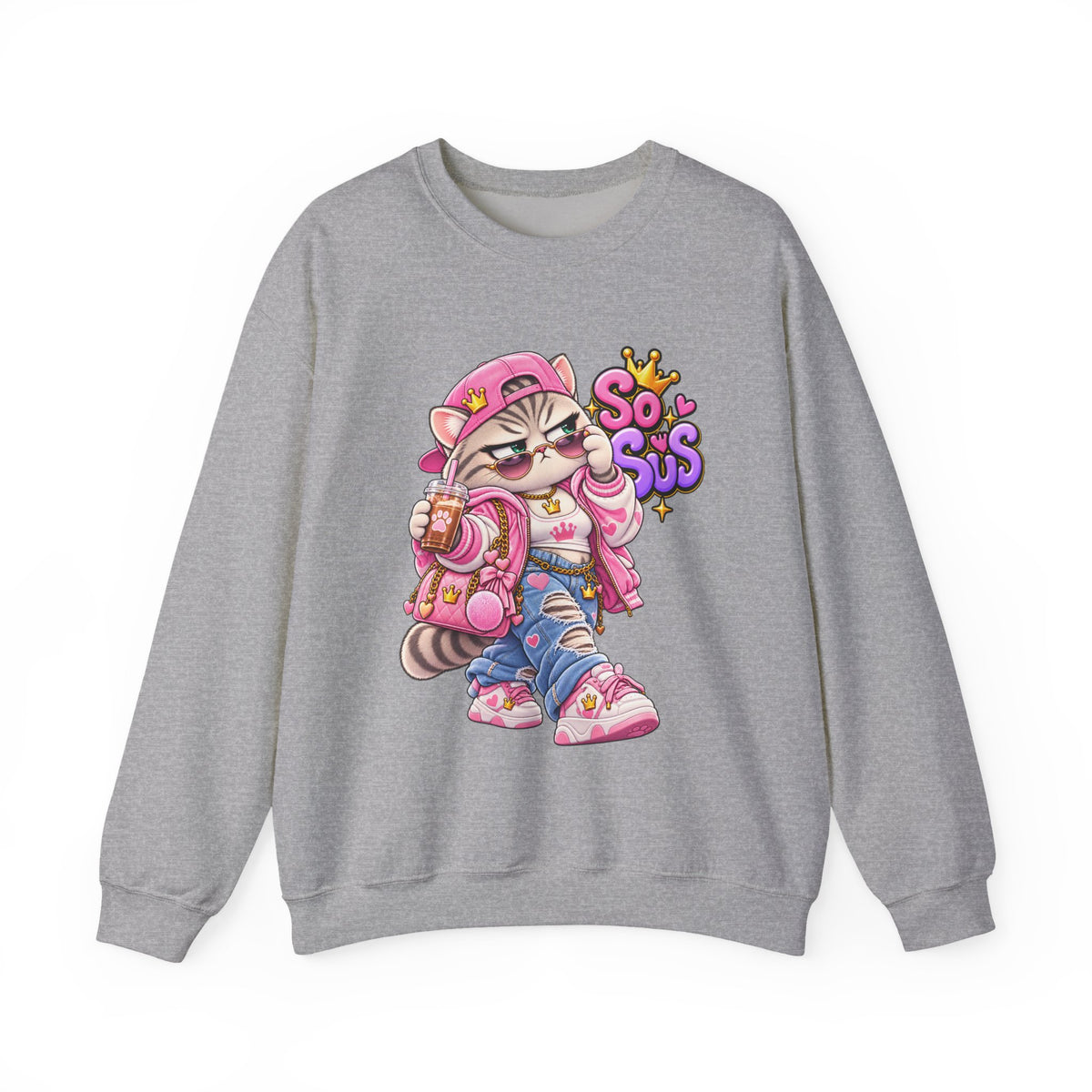 Cute Streetwear Cat Crewneck Sweatshirt — "So Sus" Graphic
