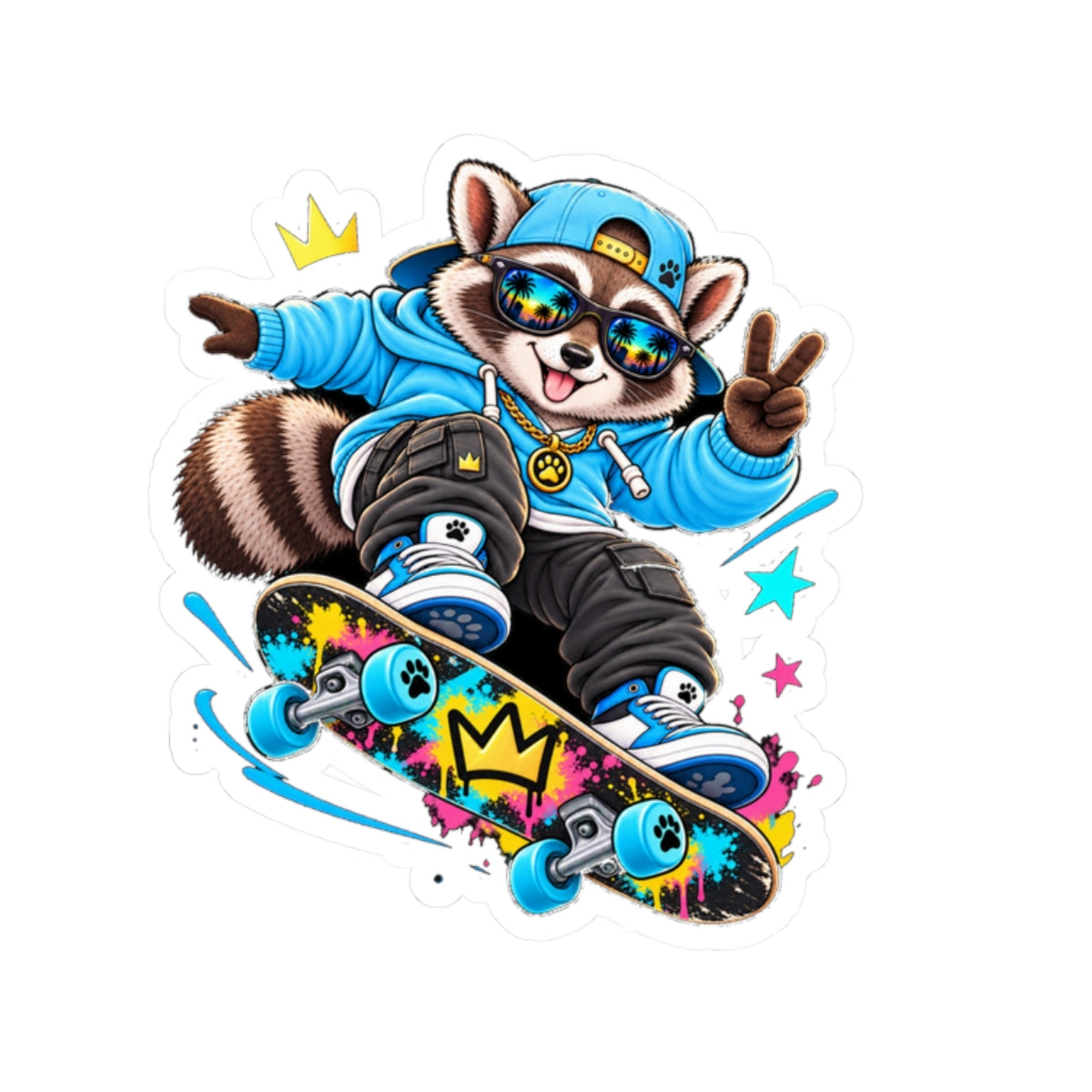 Skateboard Raccoon Kiss-Cut Sticker — Cool Cartoon Laptop Decal