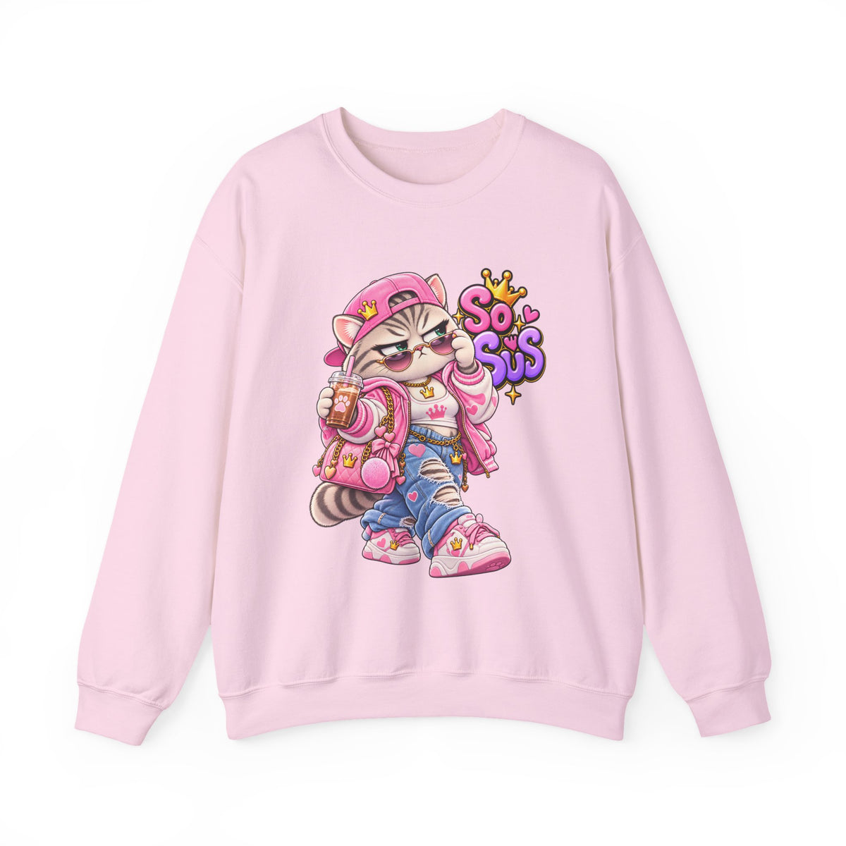Cute Streetwear Cat Crewneck Sweatshirt — "So Sus" Graphic