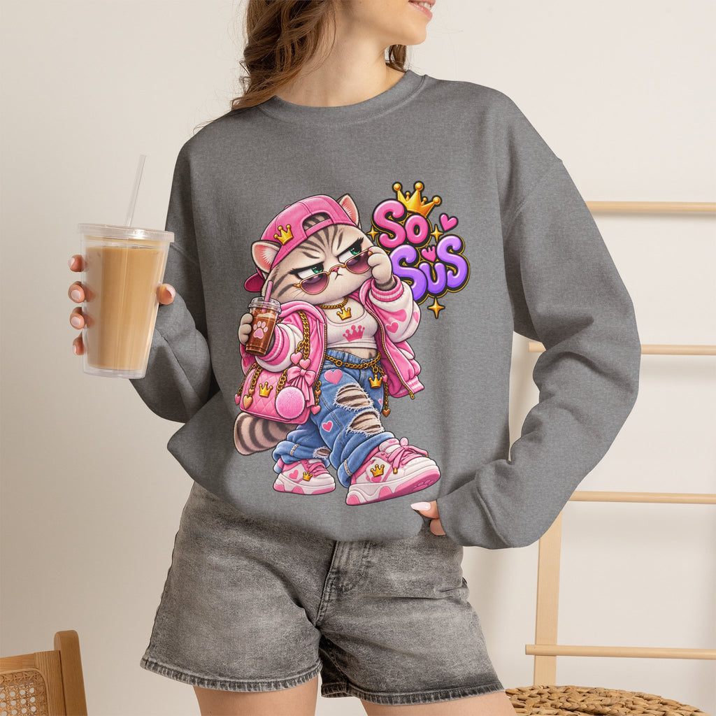 Cute Streetwear Cat Crewneck Sweatshirt — "So Sus" Graphic