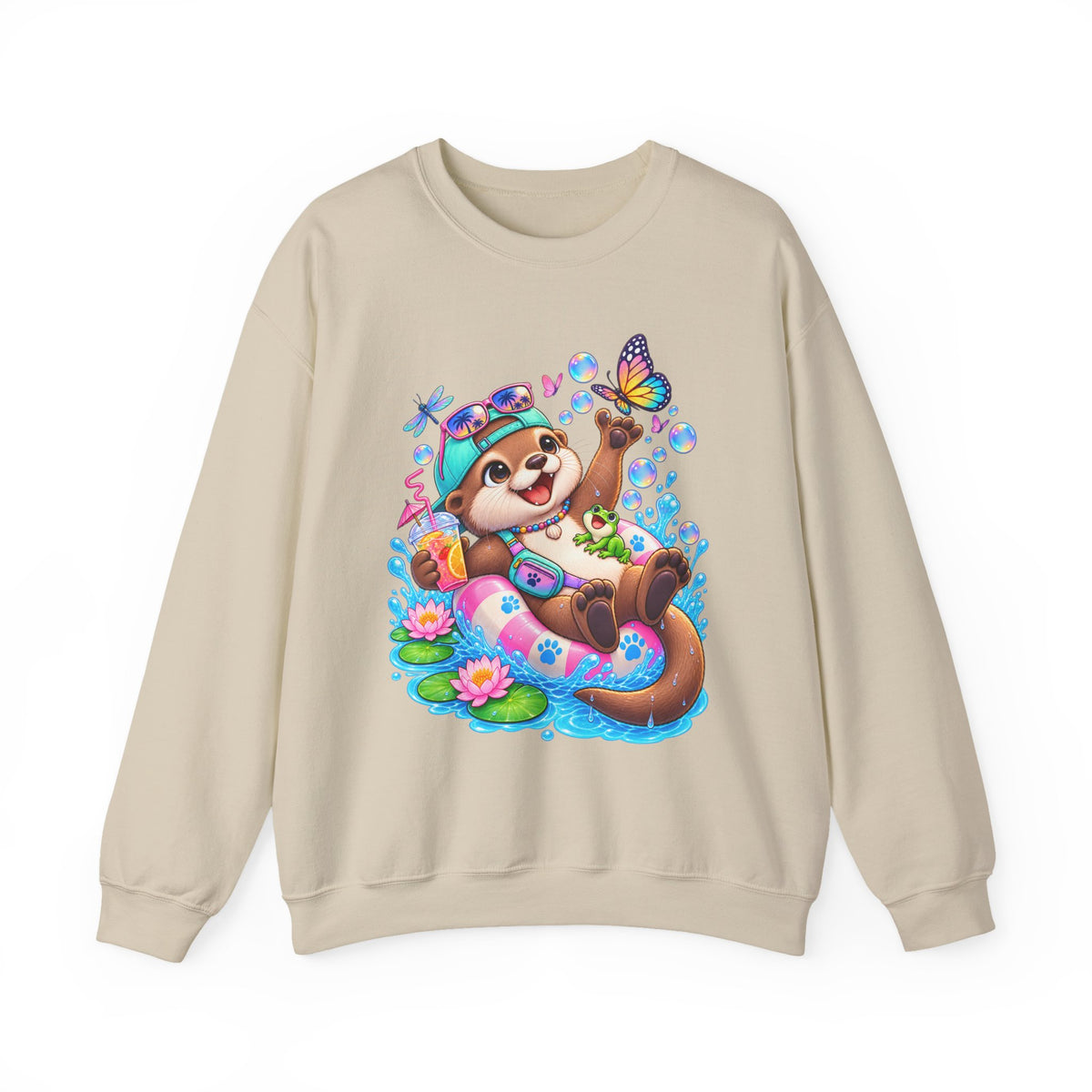 Otter Float Crewneck Sweatshirt — Cute Otter with Butterfly Summer Vibes