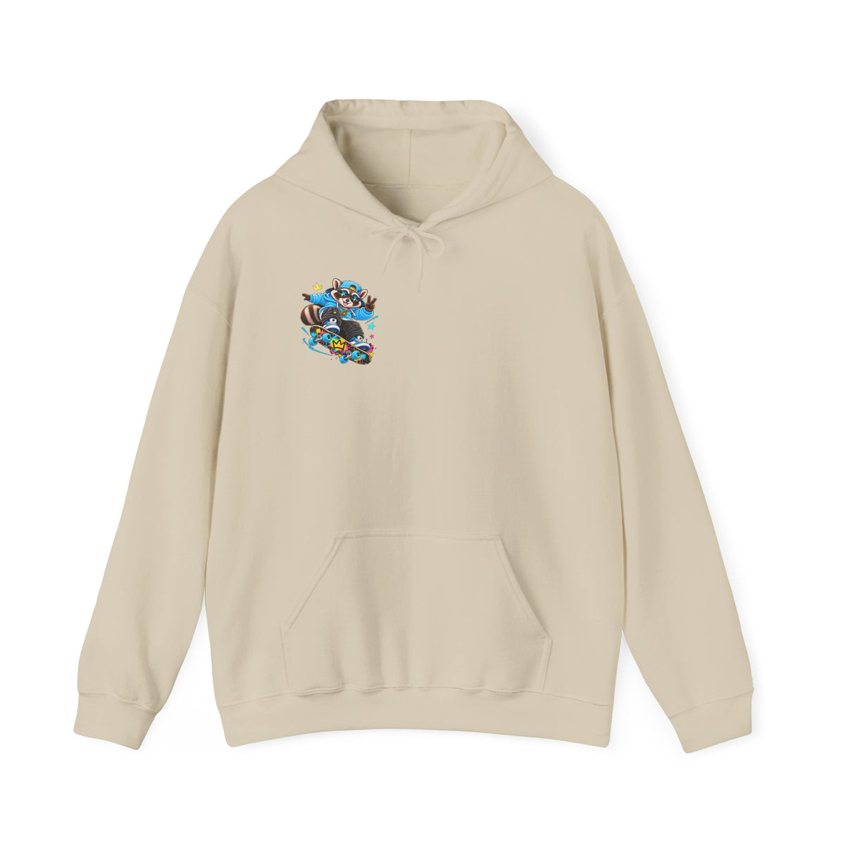 Skateboard Raccoon- Patch Hoodie — Colorful Marine Life Graphic