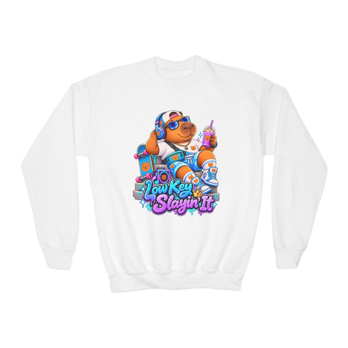 Youth Crewneck Sweatshirt — 'Low Key Slayin' It' Chill Capybara Lounge Pullover