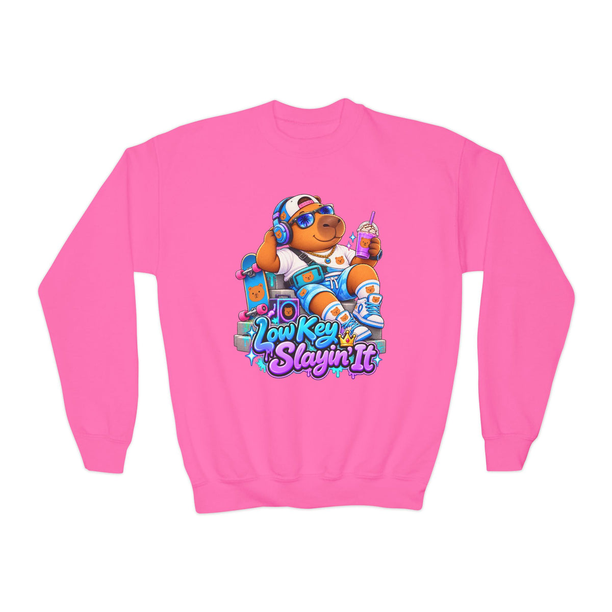 Youth Crewneck Sweatshirt — 'Low Key Slayin' It' Chill Capybara Lounge Pullover